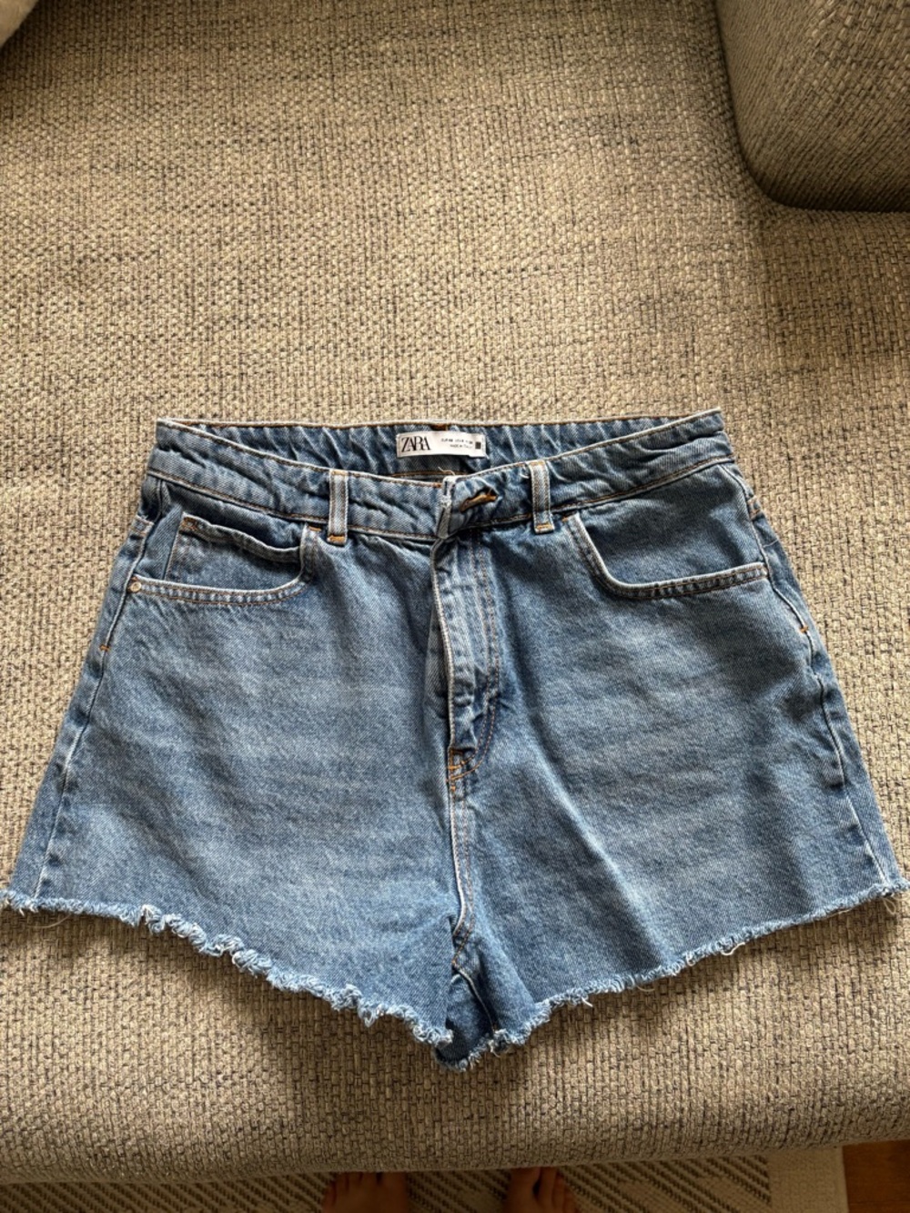 Zara Distressed High-Waist Denim Shorts in Light Blue